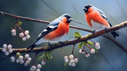 Two red and black bullfinches sitting on a tree branch with white flowers. - obrazy, fototapety, plakaty