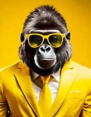 Digital illustration of a Gorilla with vibrant yellow sunglasses and a yellow background in pop art style. Decoration for modern interiors, decorative digital art