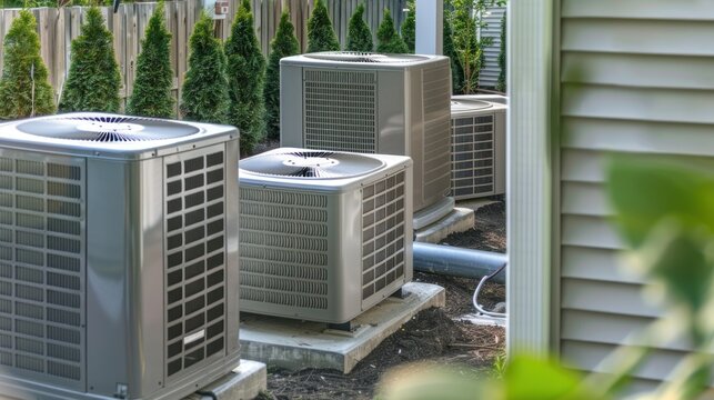 Outdoor air conditioner units installed on the ground in the backyard of a building. Generative AI