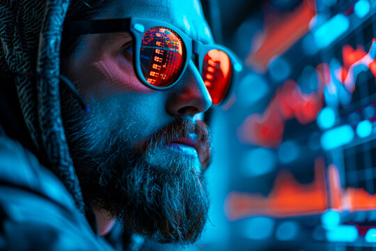 Bearded analyst in a high-tech room with 3D financial charts, future of trading