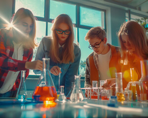 Schoolchildren in the classroom conduct experiments on the subject of natural sciences.