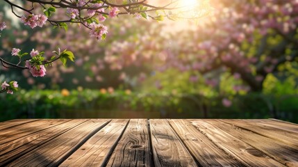A empty wooden table on the garden in spring nature background. Generative AI