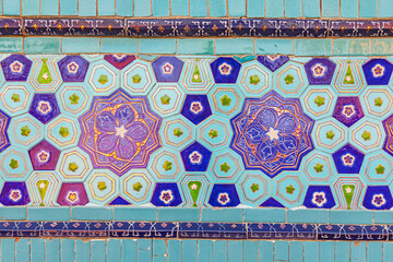 Decorative tile work at the Amirzadeh Masoleum at the Shah-i-Zinda in Samarkand.