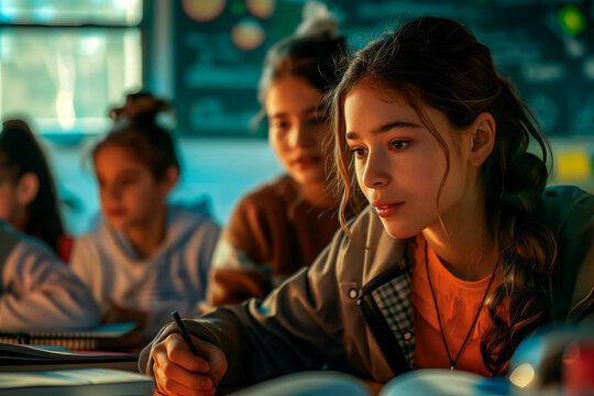 Portrait of a high school student studying at school during a lesson. Back to school