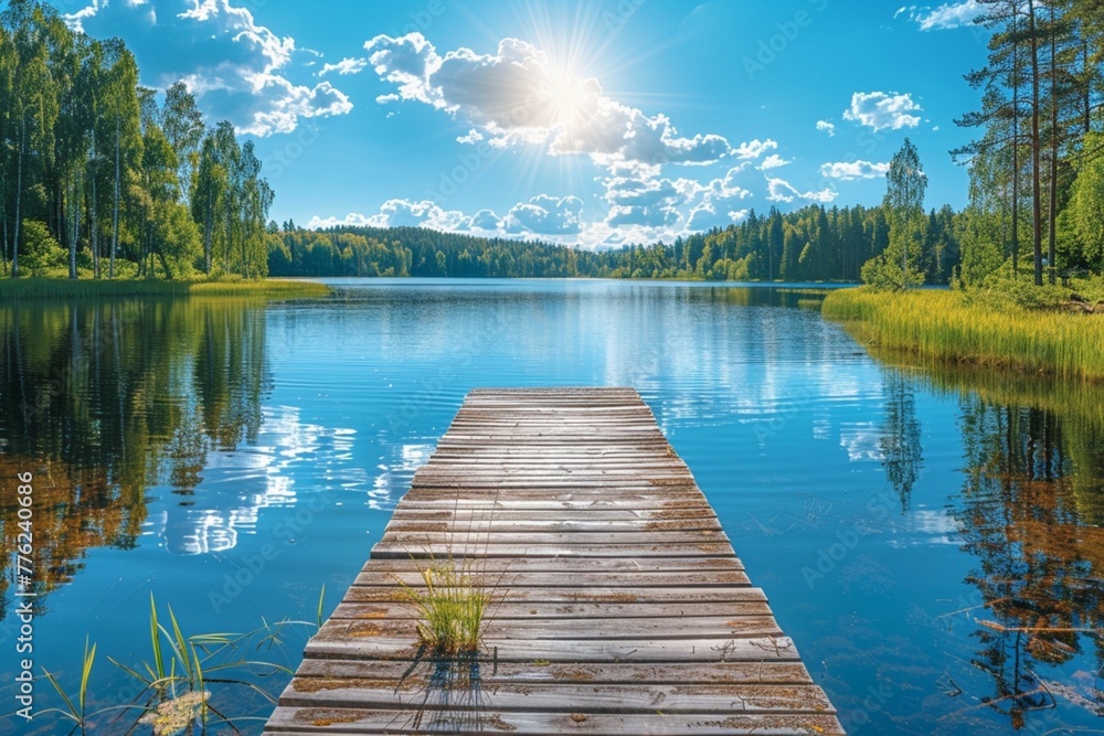 Wall mural traditional finnish and scandinavian view. beautiful lake on a summer day and an old rustic wooden d - Wall murals