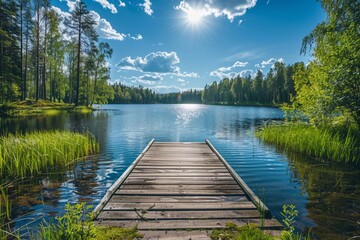 Traditional Finnish and Scandinavian view. Beautiful lake on a summer day and an old rustic wooden dock or pier in Finland. Sun shining on forest and woods in blue sky - obrazy, fototapety, plakaty