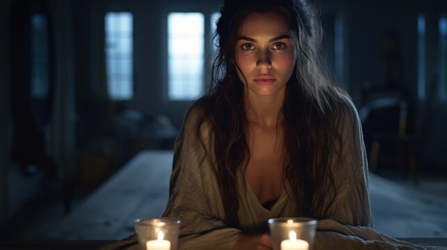A woman with brown hair sits in a dark room in front of two candles. She is wearing a gray shirt and looking straight into the camera.
