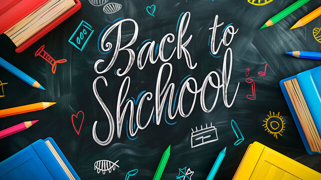 Back to school style banner. The inscription "Back to school" on a dark background, books, pencils, notebooks.