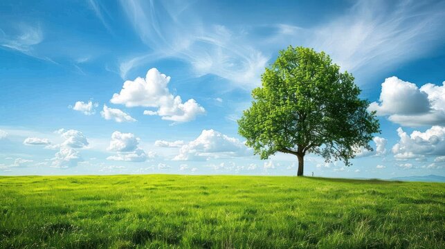 One tree in lush green field with blue sky landscape background. AI generated image
