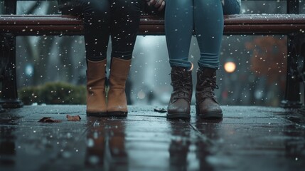 Two girls are sitting next to each other on a bench. They are wearing boots, and the ground is wet. It's snowing and there are a couple of leaves on the ground. - Powered by Adobe
