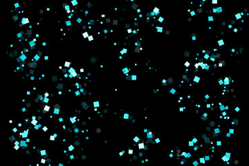 Blue cyan squares flying scatter. Black background. Blue tinsel confetti vector holiday backdrop.