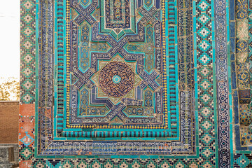 Decorative tile work at the Ustad Ali Nasafi Mausoleum at the Shah-i-Zinda in Samarkand. - 776241228