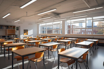 Fototapeta na wymiar Classroom interior with rows of orange chairs and tables. 3d rendering