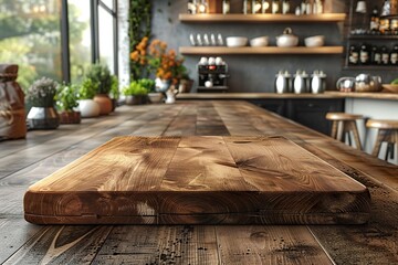 Wooden board empty Table Top And Blur stylish interior over blur in coffee shop Background