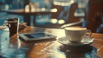 Cozy cafe setting with coffee and tablet. - obrazy, fototapety, plakaty