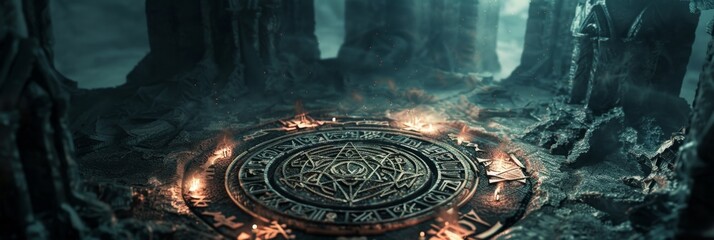 An occult-themed 3D background, rich with arcane symbols and hidden knowledge, where shadowy figures and mystical sigils emerge from the depths of a dark, mysterious void - obrazy, fototapety, plakaty