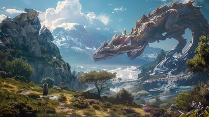 A surreal digital painting depicting dreamlike landscapes and fantastical creatures, inviting viewers into a world of imagination and wonder. - obrazy, fototapety, plakaty