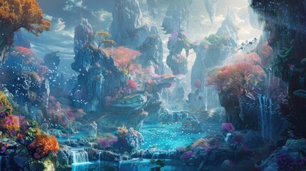 A surreal digital painting depicting dreamlike landscapes and fantastical creatures, inviting...