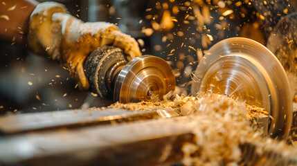 Craftsman carefully shaping wood on a lathe, sawdust floating in the air, a moment of creation - obrazy, fototapety, plakaty