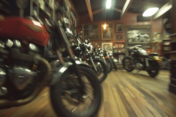 Blured motorcycle salon with various motorcycles close-up