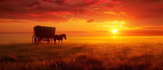 Sunset scene in an old West cowboy movie with a horse wagon. Concept Old West, Sunset, Cowboy Movie, Horse Wagon, Scenic Landscape