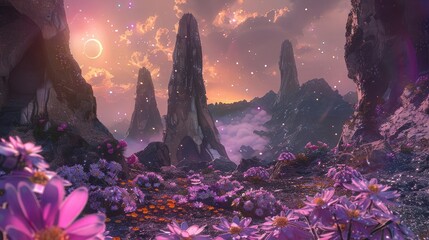 A surreal landscape on an alien planet, with towering rock formations and vibrant flora bathed in the light of a distant sun, creating a kaleidoscope of colors.