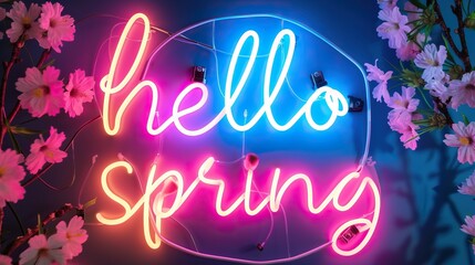 A vibrant neon sign that reads "Hello Spring" surrounded by blooming flowers