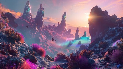 A surreal landscape on an alien planet, with towering rock formations and vibrant flora bathed in the light of a distant sun, creating a kaleidoscope of colors. - obrazy, fototapety, plakaty