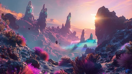 Deurstickers A surreal landscape on an alien planet, with towering rock formations and vibrant flora bathed in the light of a distant sun, creating a kaleidoscope of colors. © sania