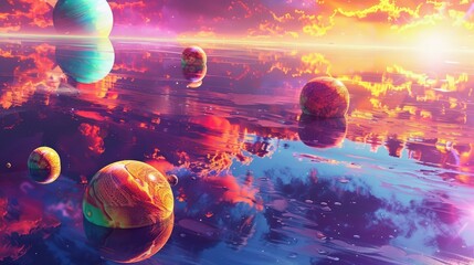 A surreal view of a colorful planetary system, with multiple planets orbiting a central star and casting vibrant reflections on their neighboring celestial bodies. - obrazy, fototapety, plakaty