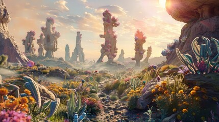 A surreal vista of an alien landscape bathed in the light of multiple suns, with colorful rock formations and exotic flora dotting the horizon. - Powered by Adobe