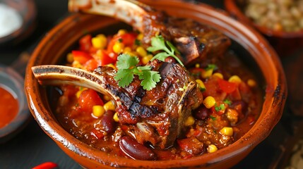 Roasted Lamb Chops on Tomato Sauce Garnished with VegetablesA bowl of delicious chili con carne