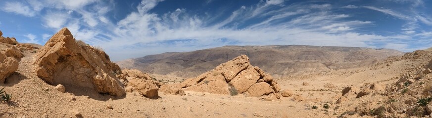 Jordan Trail from Um Qais to Aqaba, beautiful mountains,rocks and desert panorama landscape view during this long distance trail 