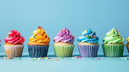 Row of colorful cupcakes on blue - obrazy, fototapety, plakaty