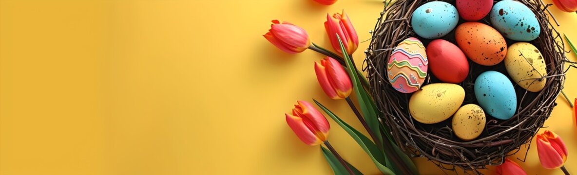 Bright Easter Celebration with Colorful Eggs and Tulips on Yellow Background. Ideal for Festive Spring Decor. Welcoming the Season of Rebirth and Joy. AI