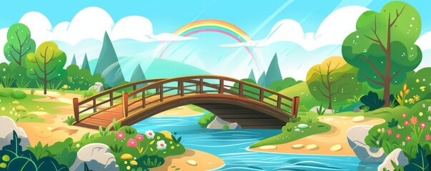 Obraz na płótnie Canvas Bridge against the background of a rainbow. cartoon illustration.