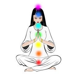 Icon of a woman in a meditation posture with activated colored chakras.