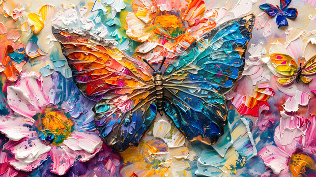 Colorful red blue yellow butterfly on bright flowers, fine oil paints