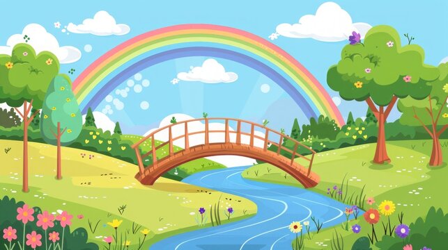 Bridge against the background of a rainbow. cartoon illustration.