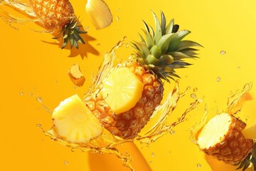 Fresh ripe sliced pineapple in splashes of water, healthy fruit