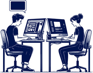 a man is working at a computer and silhouette sketch art vector design.
