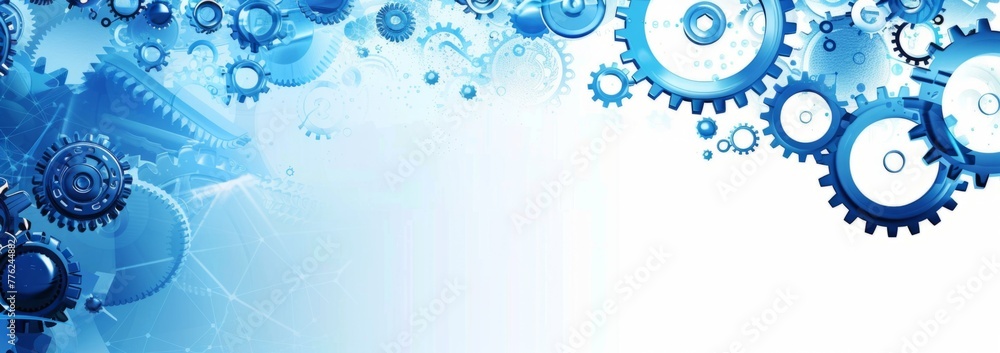 Poster blue technology background with gears and cogs vector presentation template, white space in the cent