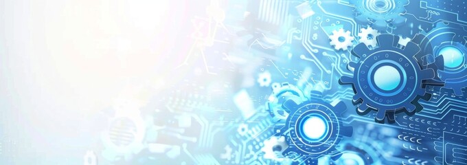 Obraz premium Blue technology background with gears and circuit board elements Digital white space for your design, text fields in the center Generative AI