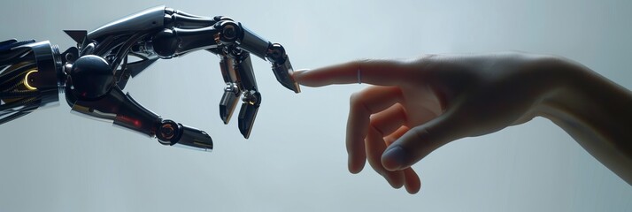 Human hand meets cyberman android hand, comparison of artificial intelligence and human, banner