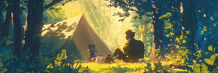 Tent camp in the forest, Boy Scouts and Girl Scouts survive in the forest, banner illustration - obrazy, fototapety, plakaty