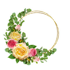 Pink and yellow rose flowers with eucalyptus leaves in a floral arrangement with round glitter frame isolated on white or transparent background.