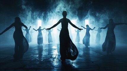 Mysterious shadowy figures dancing in an enigmatic silhouette, evoking a sense of intrigue. 