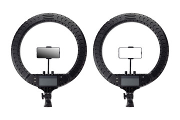 LED ring light with phone holder back view isolated from background