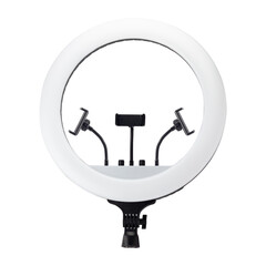 LED ring light with three phone holders, isolated from background