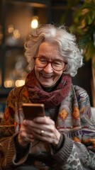 Senior woman uses smartphone, elderly woman smiles looking into smartphone, elderly people using modern technology
